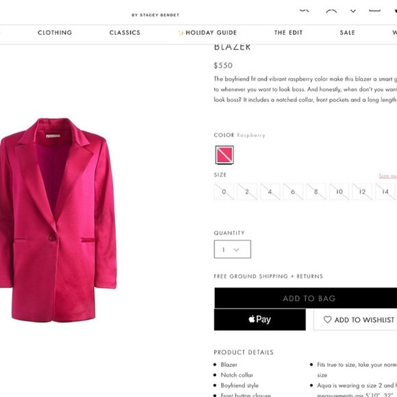 Alice + Olivia Denny Notch Collar Raspberry Pink Boyfriend Blazer Jacket - Picture 2 of 3
